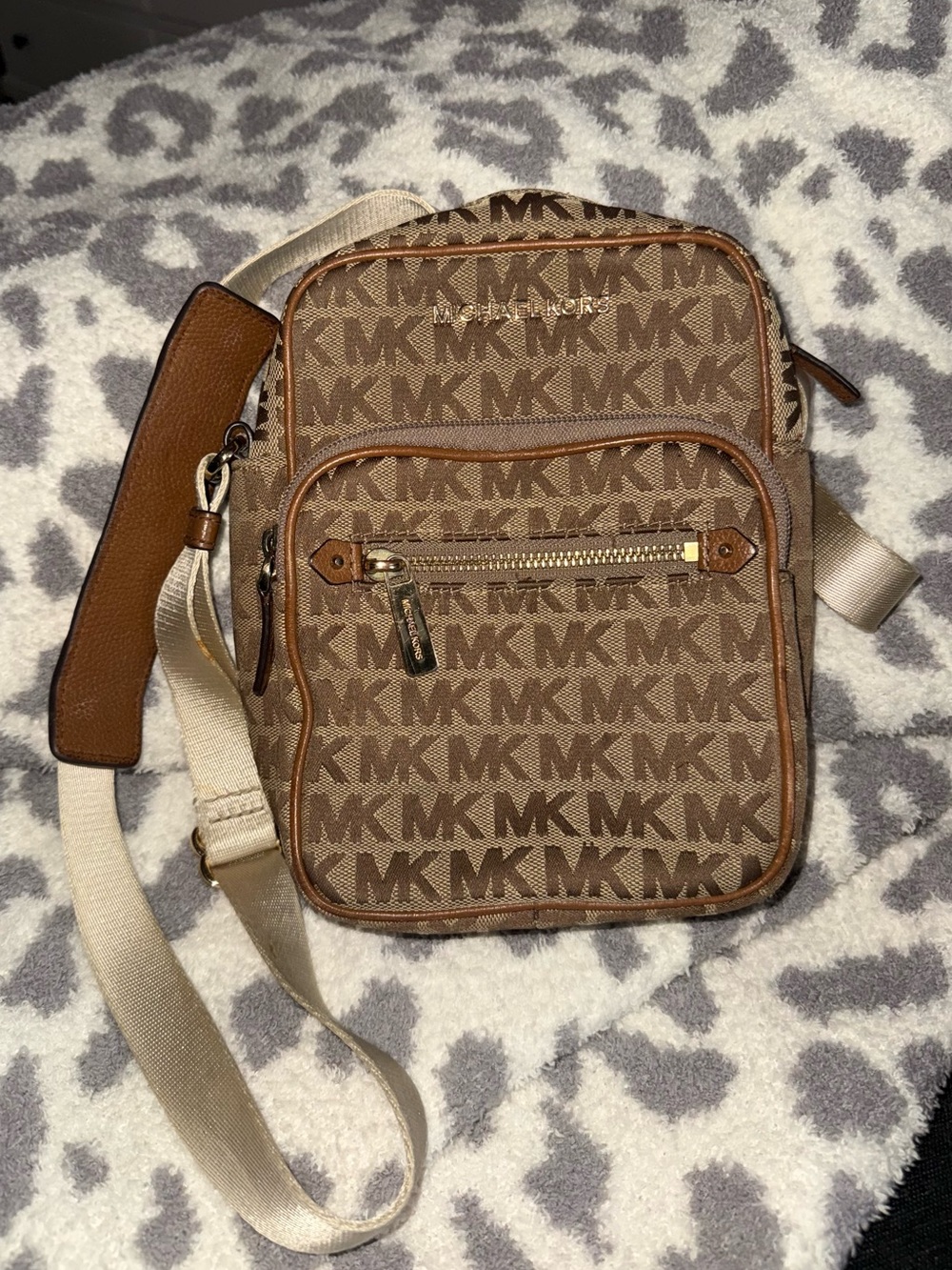 Michael Kors Brown MK Monogram Crossbody with Tan Trim
